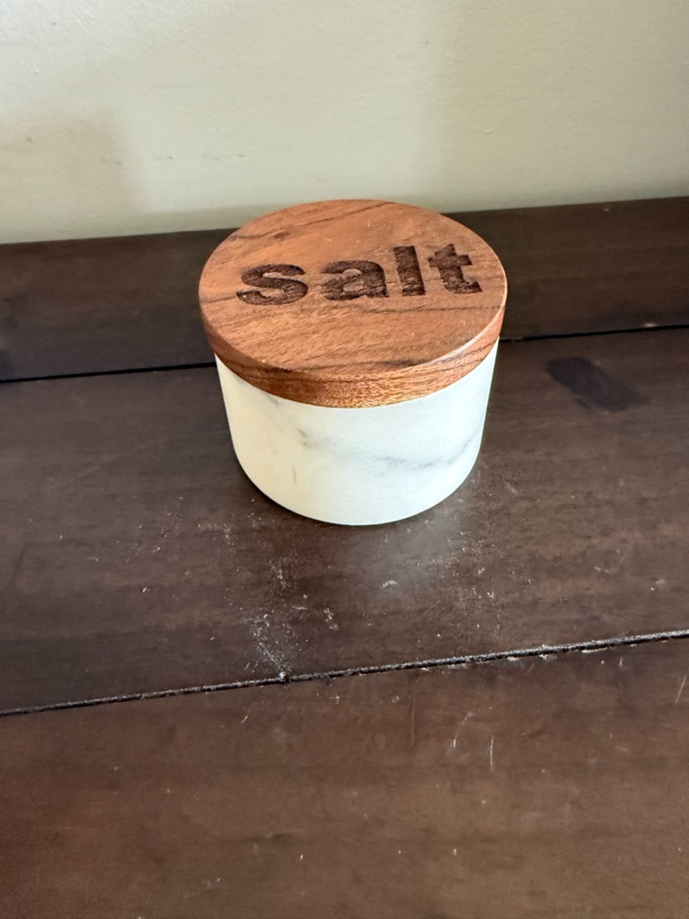 Marble Salt Cellar Wood Lid Engraved Salt Kitchen Storage Pot Creative Co-Op